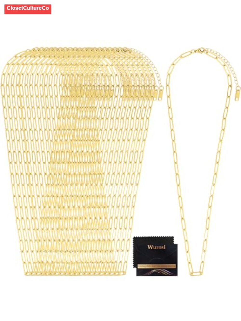 20pc 18K Gold Plated Stainless Steel Paperclip Charm Necklaces 18in